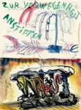 Jörg Immendorff, Entwurf zu: Naht Brandenburger Tor-Weltfrage, Um 1982, Aquarell, schwarzer Filzstift und Bleistift auf Briefpapier