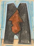 Hermann Glöckner, Zwei schwarze Köpfe gegeneinander, ein braunes Mittelfeld bildend, 1952, Farbige Kreide auf gelblichem Papier