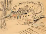 Franz Radziwill, Landschaft mit Häusern und Pferderkarren