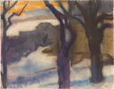 Curt Querner, Winterabend im Dorf, 1956, Aquarell auf Papier