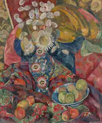 Alexander Gerbig, Blumenstillleben mit Äpfeln, Öl auf Leinwand
