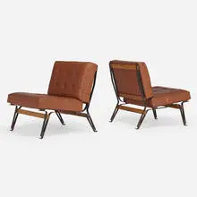 Lounge chairs model 856, pair by Ico and Luisa Parisi, 1957, leather, enameled steel, Italian walnut, sold Jun 2024