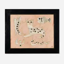 Richard Blow, Untitled (Cat, Fish and Snake), 1959, hand-cut hardstone inlayin artist-made frame