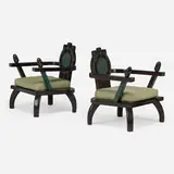 Ettore Zaccari, Armchairs, pair, c. 1910, carved and lacquered wood, upholstery