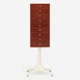 Miniature cabinet, model 5217 by George Nelson & Associates, 1952, walnut, rosewood, enameled aluminum and steel, sold Jun 2024