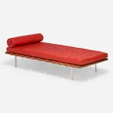 Barcelona daybed by Ludwig Mies van der Rohe, chrome-plated stainless steel, walnut, leather, sold Jun 2024