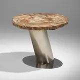 Karl Springer, Occasional table, c. 1975, stainless steel, petrified wood