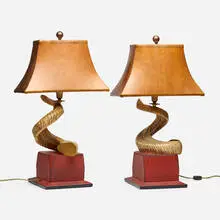 Gucci, Table lamps, pair, c. 1975, leather over wood, goat horn, brass, bronze