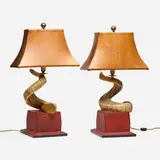 Gucci, Table lamps, pair, c. 1975, leather over wood, goat horn, brass, bronze