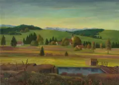 Hügelige Landschaft mit Kirche by Hans Otto Baumann, Öl auf Holz, sold Dec 2017