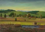 Hans Otto Baumann, Hügelige Landschaft mit Kirche, Öl auf Holz