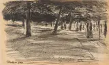 Max Liebermann, Dorfplatz (Brink) in Laren, Um 1900, Kreide, laviert, auf Papier (aus einem Skizzenblock)