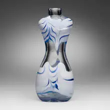 Bikini vase, model 4333 by Fulvio Bianconi, c. 1950, iridized transparent glass with blue and lattimo applications, sold Jun 2024