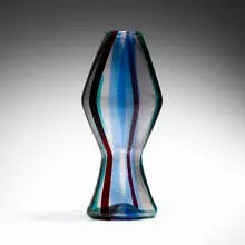 Rare Monumental Fasce Verticale vase, model 4403 by Fulvio Bianconi, 1952, transparent glass with vertical polychrome bands, sold Jun 2024