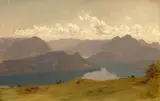 Eduard Pape, Ausblick auf eine Gebirgslandschaft, Öl auf Papier auf Pappe