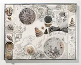 Mary Bauermeister, Sketch for Tanglewood, 1966, Materialcollage, Tusche und Bleistift auf Papier, im Künstlerrahmen
