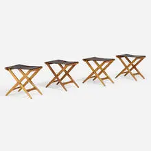Folding stools, set of four by Uno and Osten Kristiansson, c. 1970, oak, leather, brass, sold May 2024