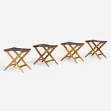 Folding stools, set of four by Uno and Osten Kristiansson, c. 1970, oak, leather, brass, sold May 2024