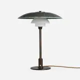PH 3 1/2 /2 table lamp by Poul Henningsen, patinated copper, lacquered steel, opal glass, Bakelite, sold May 2024