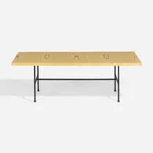 Coffee table, model 9011 by Tapio Wirkkala, laminated birch and hazel wood, enameled steel, rubber, sold May 2024