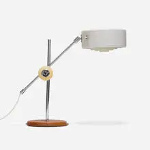 Anders Pehrson, Simris table lamp, model 781, c. 1964, enameled aluminum, chrome-plated steel, leather, plastic