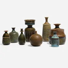 Collection of eight miniature vessels by Stig Lindberg, c. 1960, glazed stoneware, sold May 2024