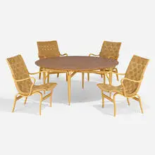 Bruno Mathsson, Dining set, teak, bent and laminated beech, canvas
