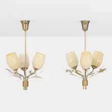 Itsu, Ceiling lamps, pair, c. 1950, brass, glass with gilt and frosted decoration