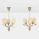 Itsu, Ceiling lamps, pair, c. 1950, brass, glass with gilt and frosted decoration