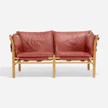 Illona settee by Arne Norell, beech, leather, fabric, sold May 2024