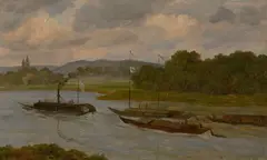 Gustav Friedrich Papperitz, Das erste Schleppdampfschiff auf der Elbe. Nach 1836, Öl auf Papier auf Pappe