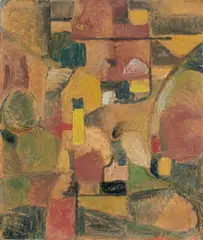 Ferdinand Stransky, Häuser am Lehmhang, 1957, Öl auf Pappe auf Holz kaschiert