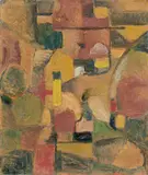 Ferdinand Stransky, Häuser am Lehmhang, 1957, Öl auf Pappe auf Holz kaschiert