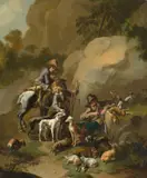 Rastende Jäger mit Hunden by Nicolaes Pieterszoon Berchem, Um 1650, Öl auf Leinwand, sold Jul 2015
