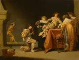 Pieter Jansz Quast, Interieur mit fröhlicher Gesellschaft, Um 1620, Öl auf Eichenholz