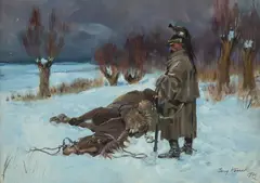 Pożegnanie towarzysza by Jerzy Kossak, olej, płótno naklejone na tekturę, sold Oct 2026