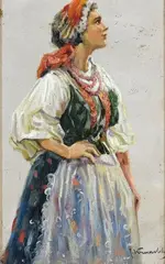 Józef Krasnowolski, Portret dziewczyny w stroju Krakowskim, olej, tektura