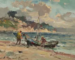 Eugeniusz Dzierżencki, Motyw rybacki, 1959 r., 1959, olej, tektura