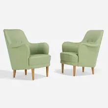 Carl Malmsten, Pair of lounge chairs, c. 1940, upholstery, beech