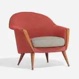 Folke Jansson, Orion lounge chair, c. 1955, upholstery, stained beech, brass