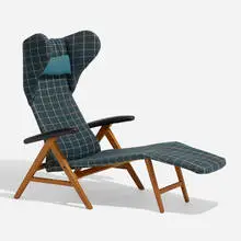 H.W. Klein, Reclining chaise lounge chair, c. 1960, oak, upholstery, steel