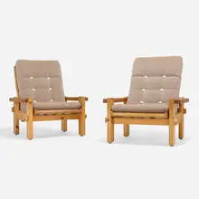 Yngve Ekstrom, Dymling lounge chairs, pair, c. 1970, pine, upholstery