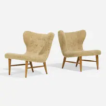 Erik Bertil Karlén, Lounge chairs, pair, c. 1945, shearling, elm