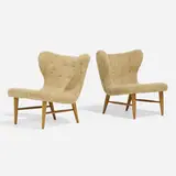 Erik Bertil Karlén, Lounge chairs, pair, c. 1945, shearling, elm
