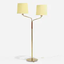 Finnish, Floor lamp, c. 1955, brass, leather, fabric shades