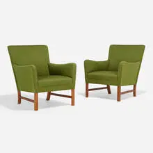 Lounge chairs, pair by Ole Wanscher, c. 1950, mahogany, upholstery, sold May 2024