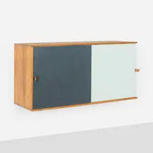Harbo Sølvsten, Wall-mounted cabinet, c. 1955, pine, lacquered wood, leather