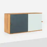 Harbo Sølvsten, Wall-mounted cabinet, c. 1955, pine, lacquered wood, leather