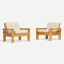 Yngve Ekstrom, Dymling lounge chairs, pair, c. 1970, pine, upholstery, leather, steel