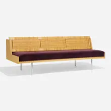 Daybed, model GE 7 by Hans J. Wegner, oak, cane, chrome-plated steel, upholstery, lacquered wood, sold May 2024